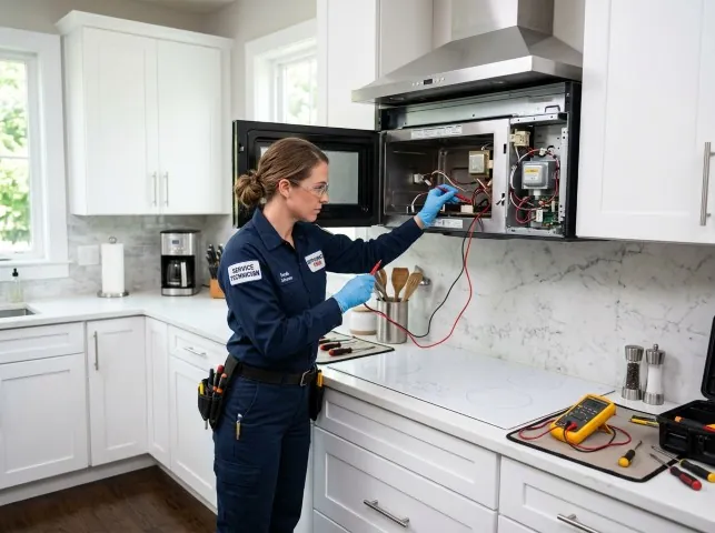 Appliance Repair Hero technician testing an over-the-range microwave in a Almo, KY kitchen